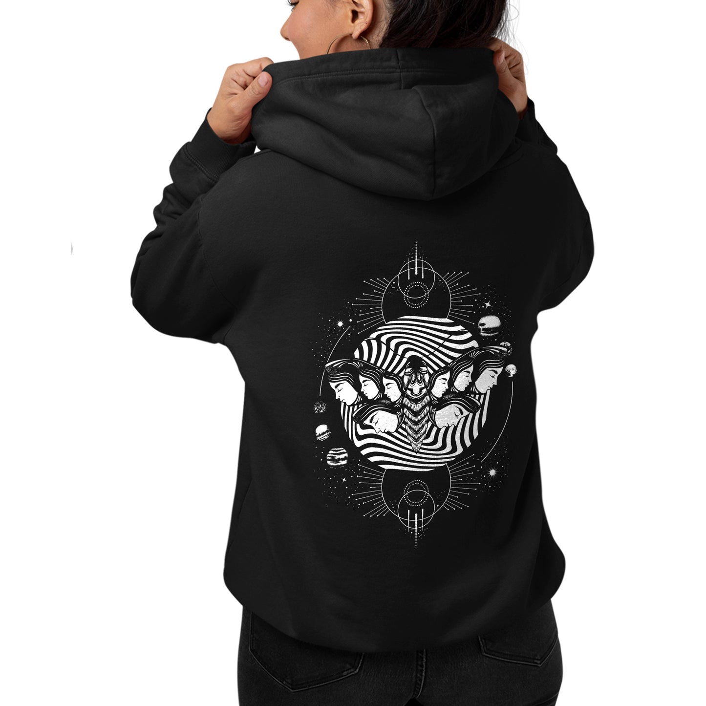 Surreal Moth Faces and Planets Hoodie