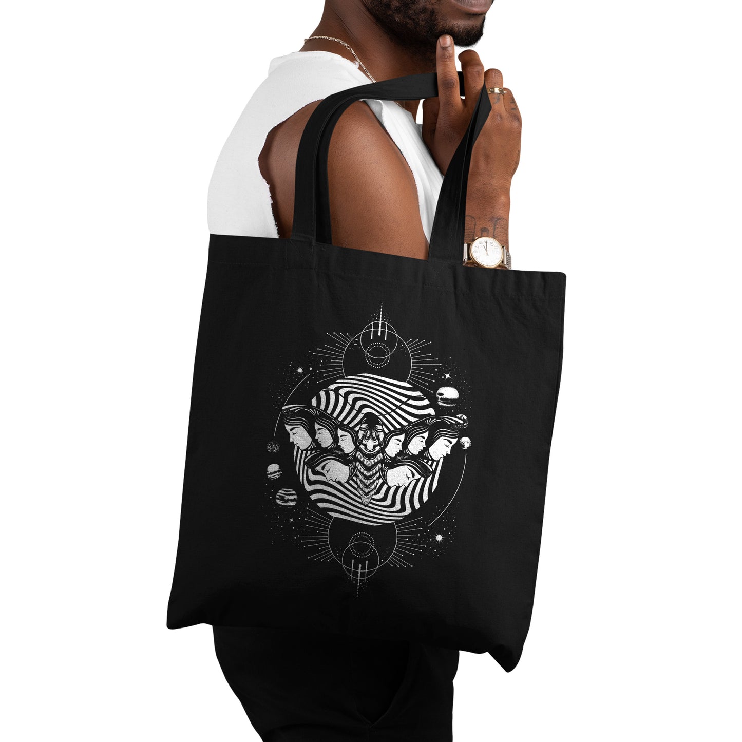 Surreal Moth Faces and Planets Tote Bag