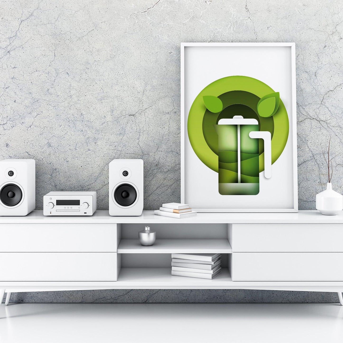 Green Tea Three Kitchen Wall Art Prints Dining Room Home Décor Poster Minimalistic Paper Cut Art - Kuzi Tees