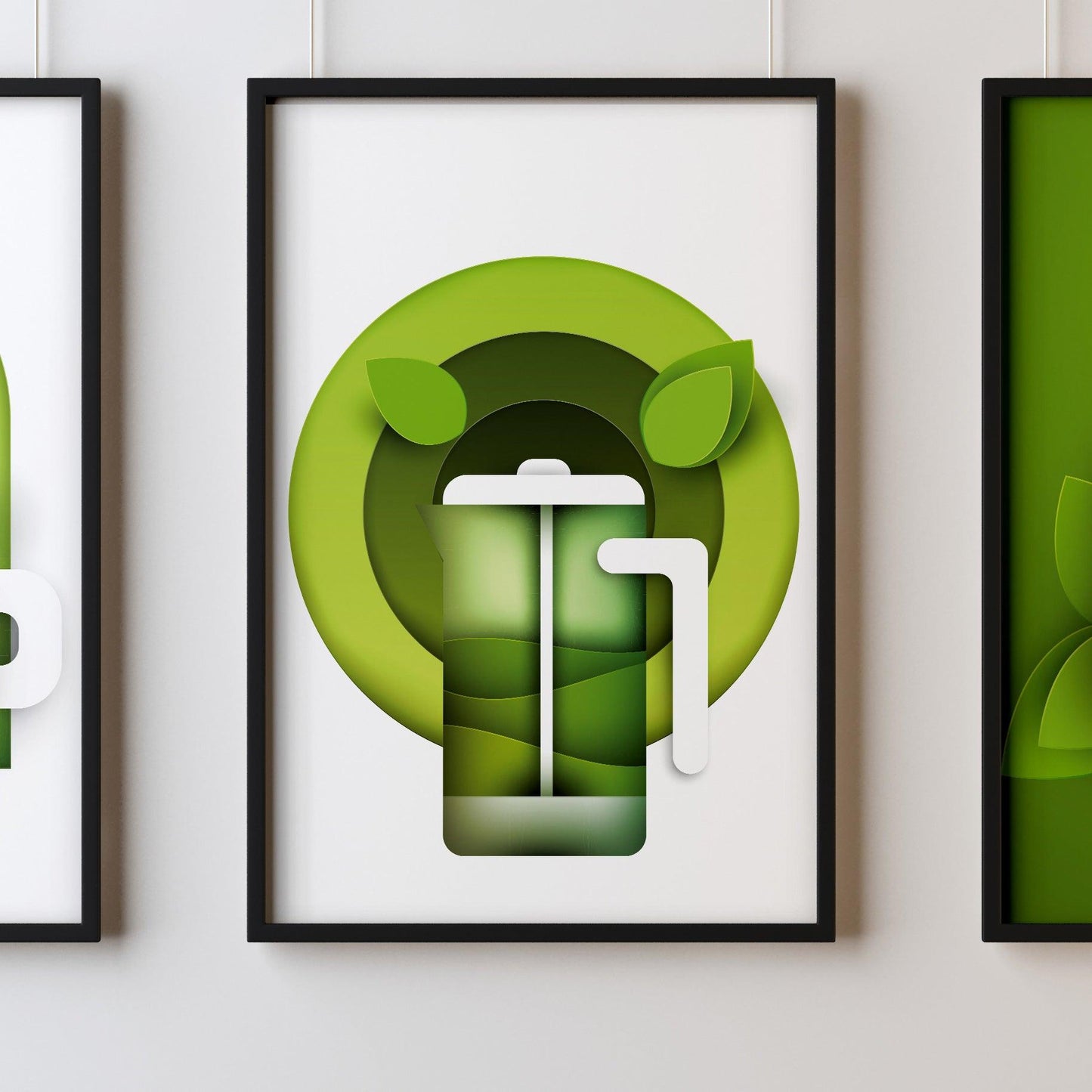 Green Tea Three Kitchen Wall Art Prints Dining Room Home Décor Poster Minimalistic Paper Cut Art - Kuzi Tees