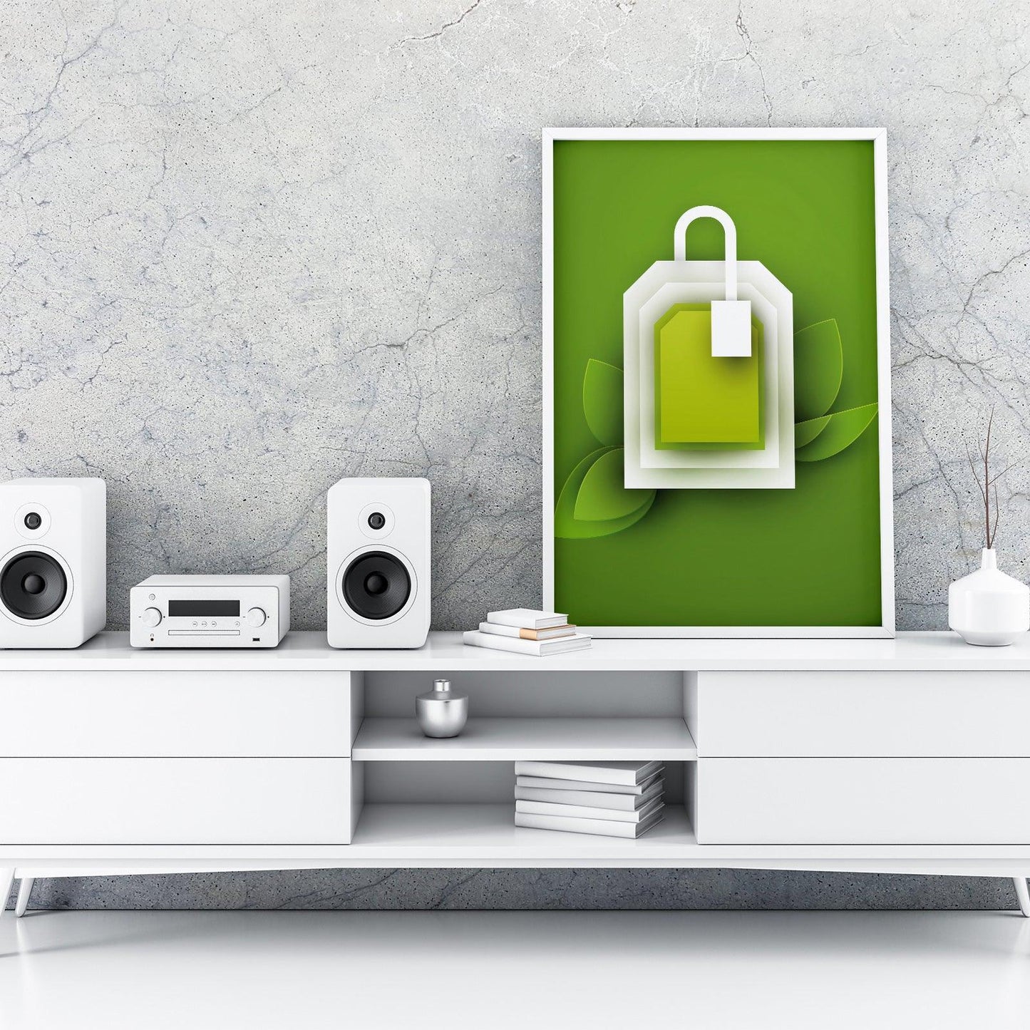 Green Tea Four Kitchen Wall Art Prints Dining Room Home Décor Poster Minimalistic Paper Cut Art - Kuzi Tees