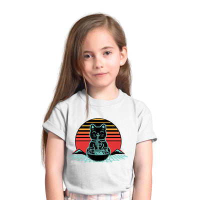 Cat Ramen Kawaii Neko Chonk Retro 80s Style Japanese Noodles Anime WHite T-shirt for Kids