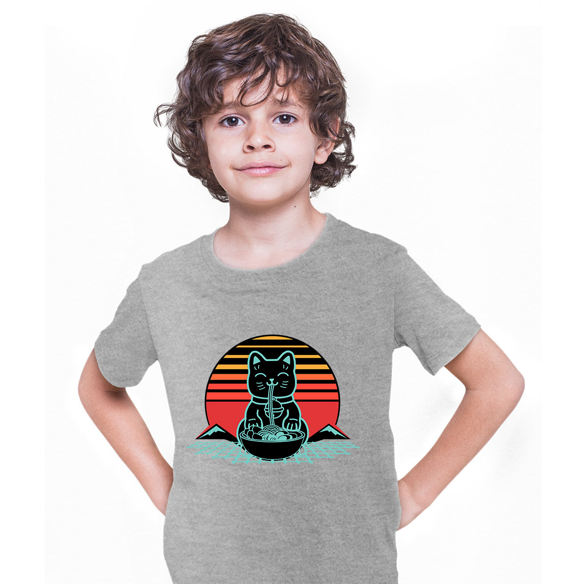 Cat Ramen Kawaii Neko Chonk Retro 80s Style Japanese Noodles Anime Grey T-shirt for Kids
