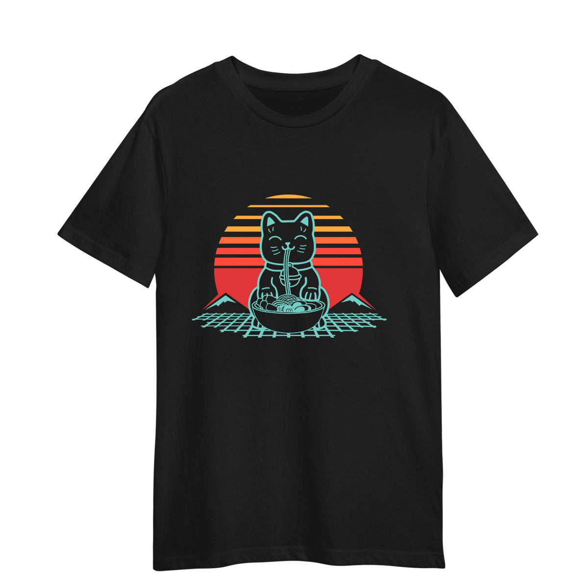 Cat Ramen Black T-shirt Kawaii Neko Chonk Retro 80s Style 