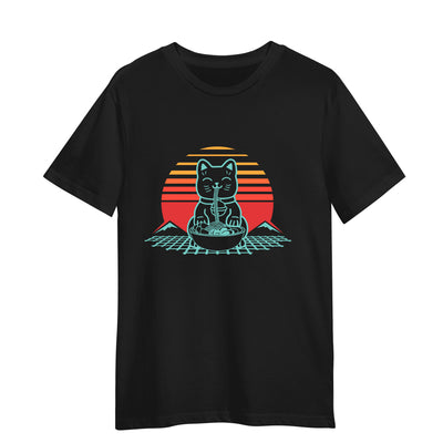 Cat Ramen Black T-shirt Kawaii Neko Chonk Retro 80s Style 