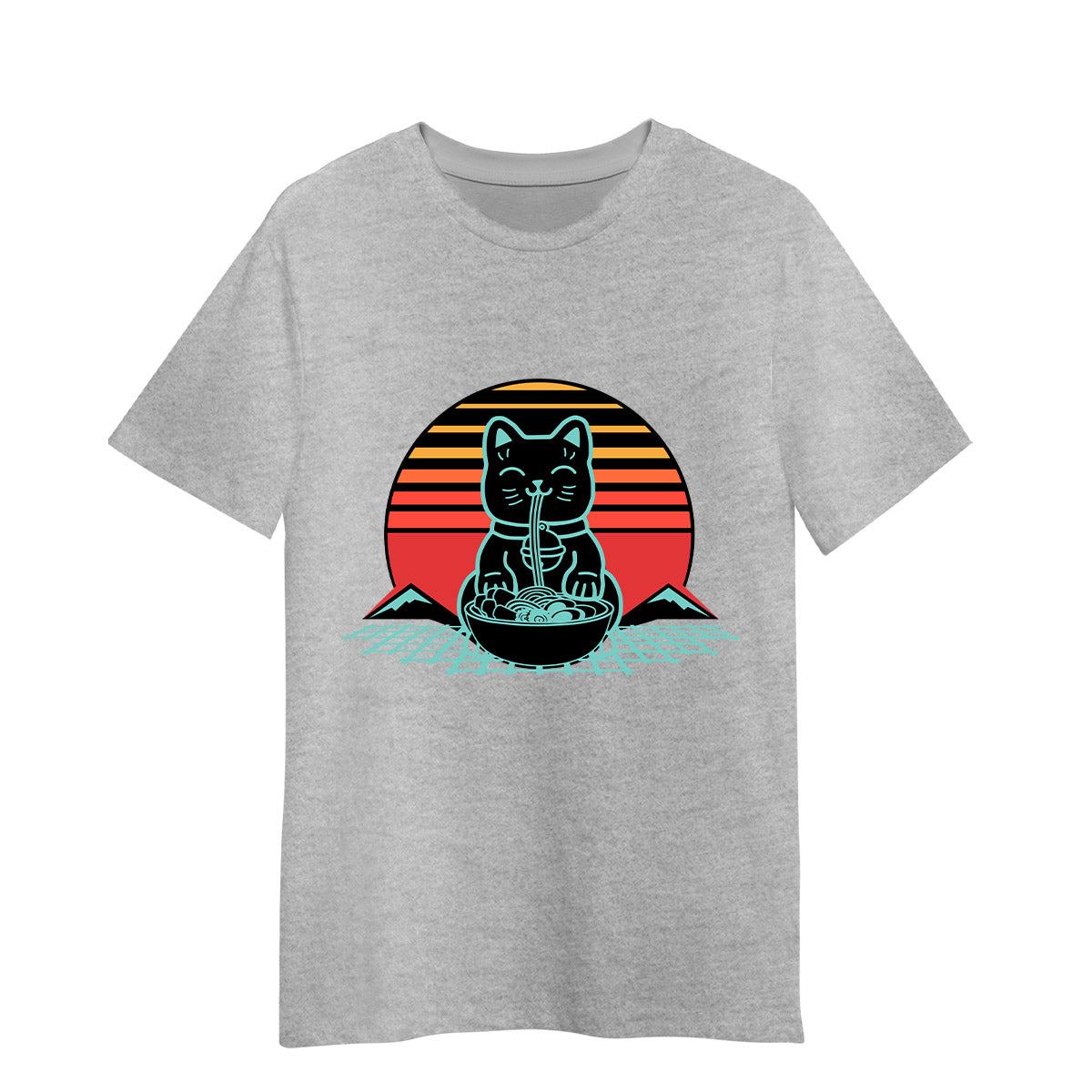 Cat Ramen Grey T-shirt Kawaii Neko Chonk Retro 80s Style 