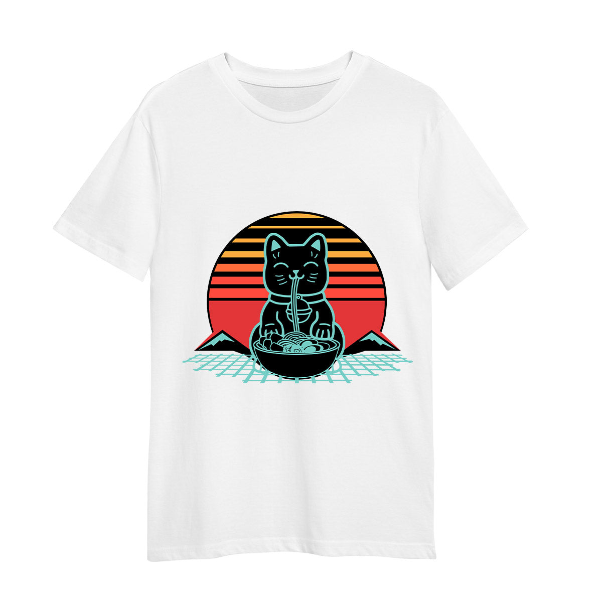 Cat Ramen White T-shirt Kawaii Neko Chonk Retro 80s Style 