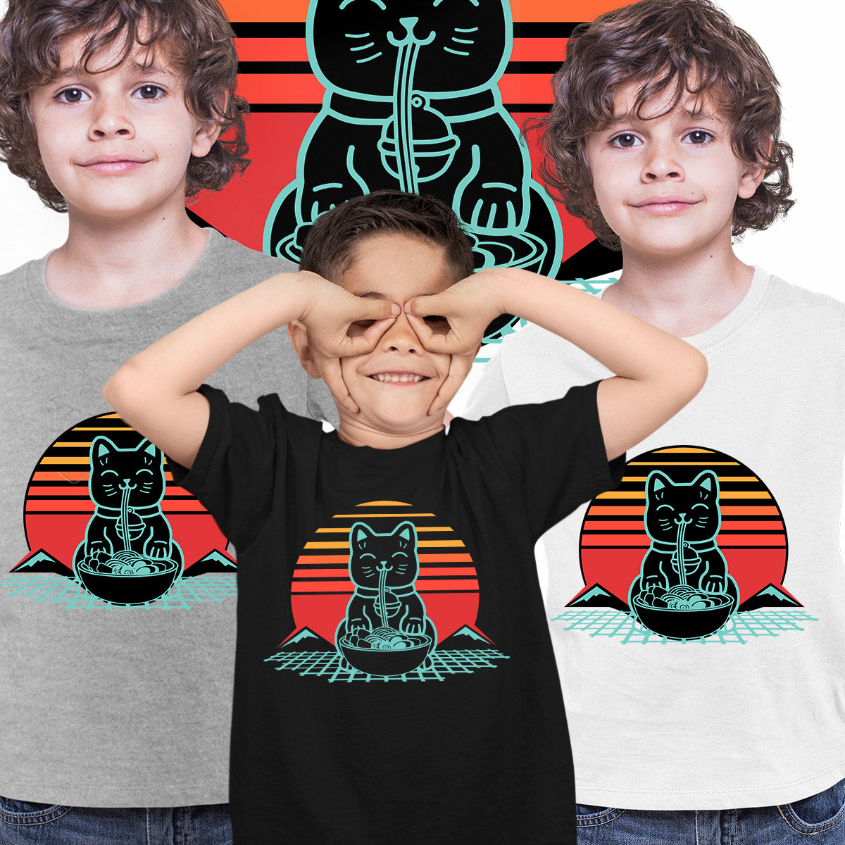 Cat Ramen Kawaii Neko Chonk Retro 80s Style Japanese Noodles Anime T-shirt for Kids