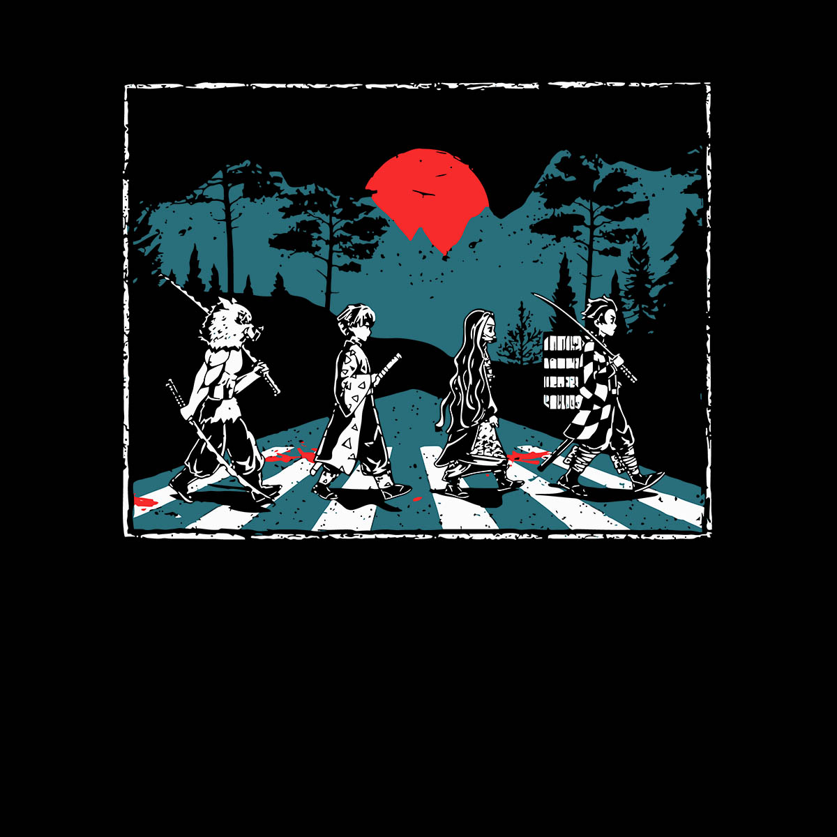 Demon Slayer Abbey Road Tanjiro Nezuko Zenitsu Inosuke Black Adult Unisex Tee
