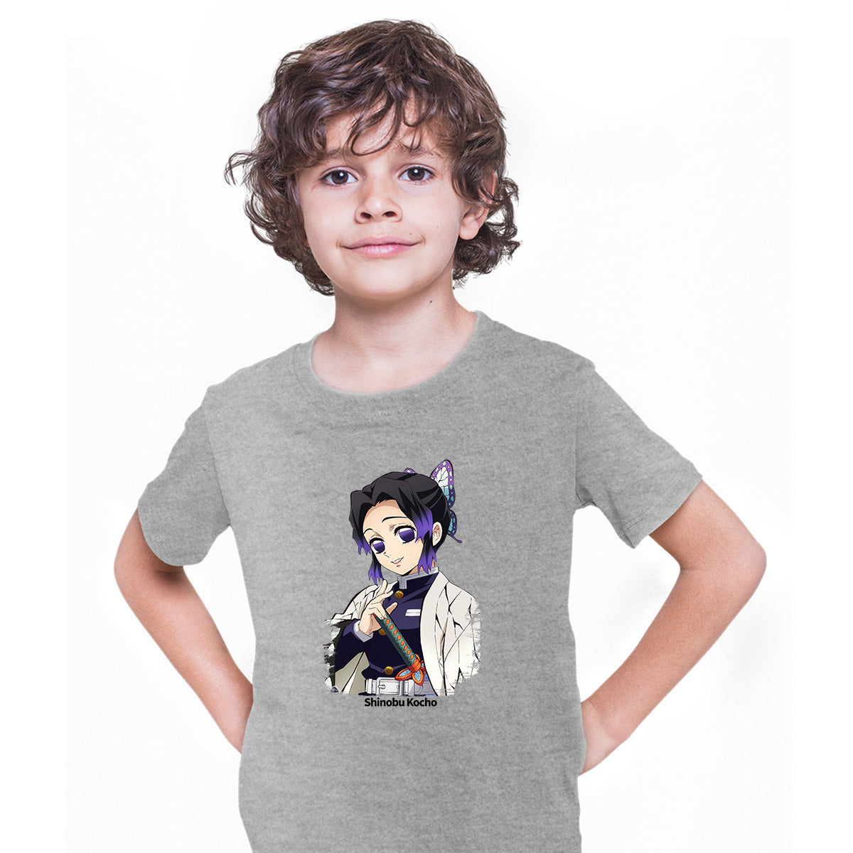 Demon Slayer Shinobu Kocho Kimetsu No Yaiba Japanese Anime Grey T-shirt for Kids