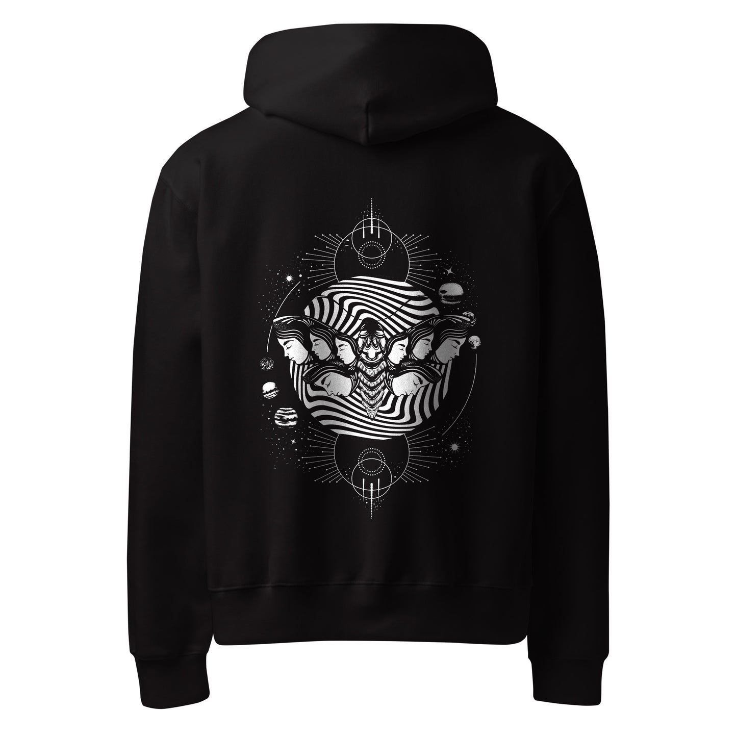 Surreal Moth Faces and Planets Hoodie