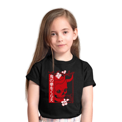 Skull Devil Oni Harajuku  Demon Art Face Aesthetic Japanese Manga Anime Black T-shirt for Kids