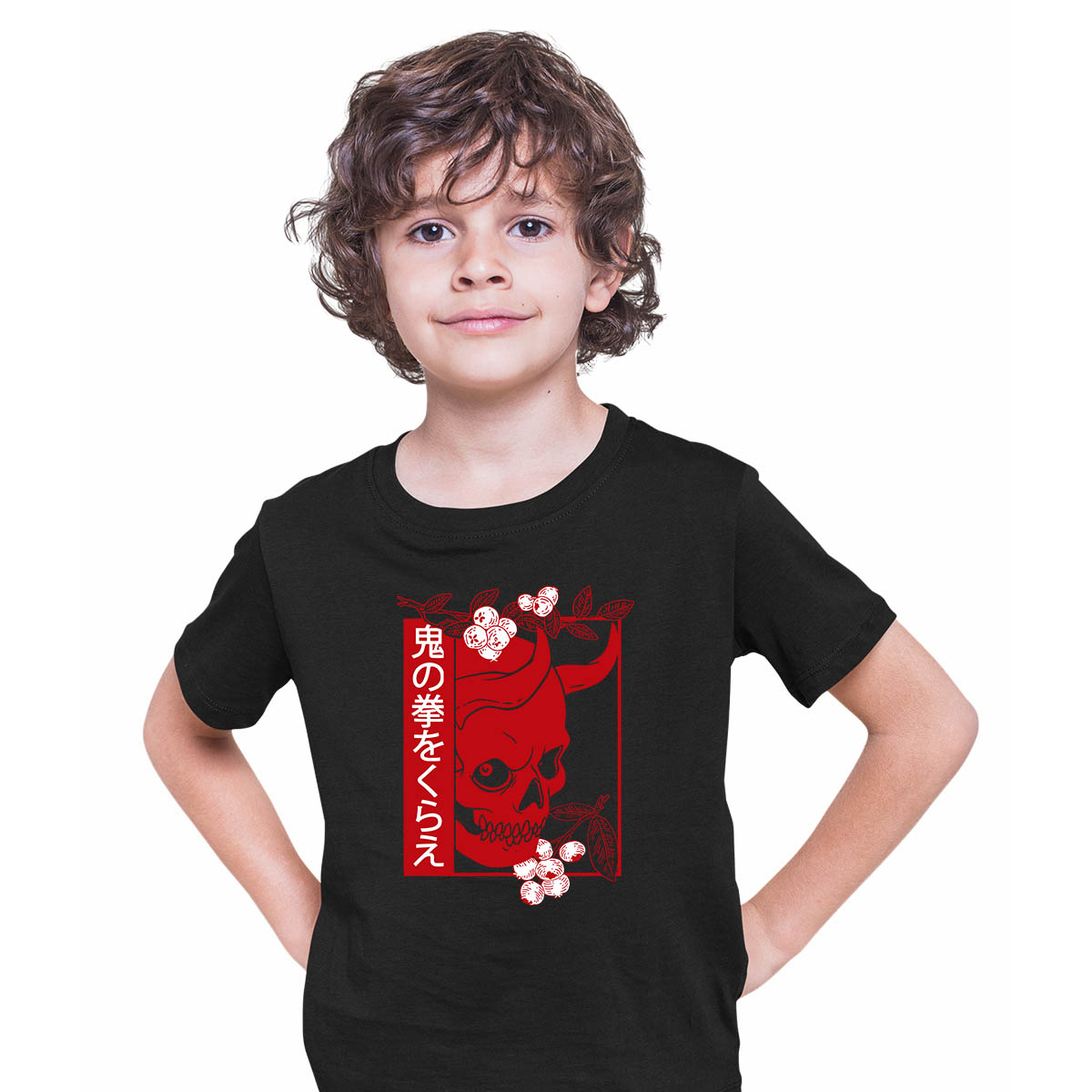 Skull Devil Oni Harajuku  Demon Art Face Aesthetic Japanese Manga Anime Black T-shirt for Kids