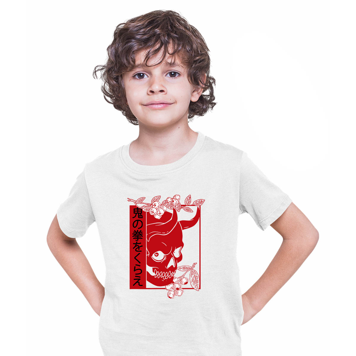 Skull Devil Oni Harajuku  Demon Art Face Aesthetic Japanese Manga Anime White T-shirt for Kids