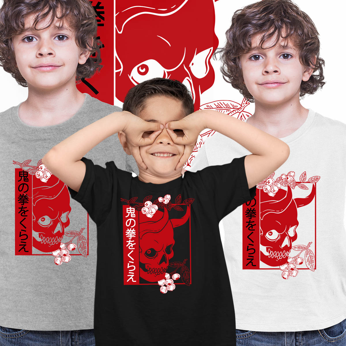 Skull Devil Oni Harajuku  Demon Art Face Aesthetic Japanese Manga Anime Black T-shirt for Kids