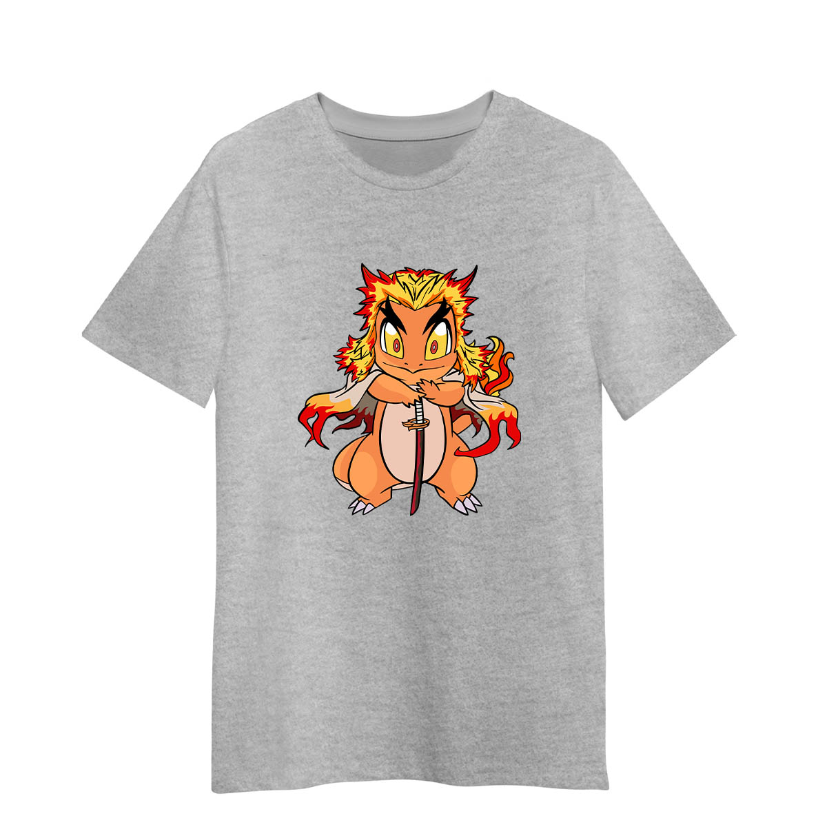 Kyojuro Rengoku Pokemon Charmander Demon Slayer Manga Anime Adult Unisex Grey T-shirt