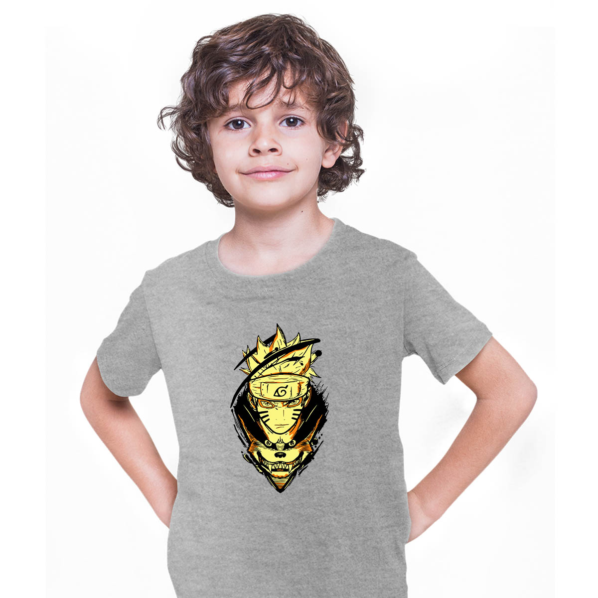 Naruto And Kurama The Nine-Tailed Demon Fox Anime Manga Grey T-shirt for Kids