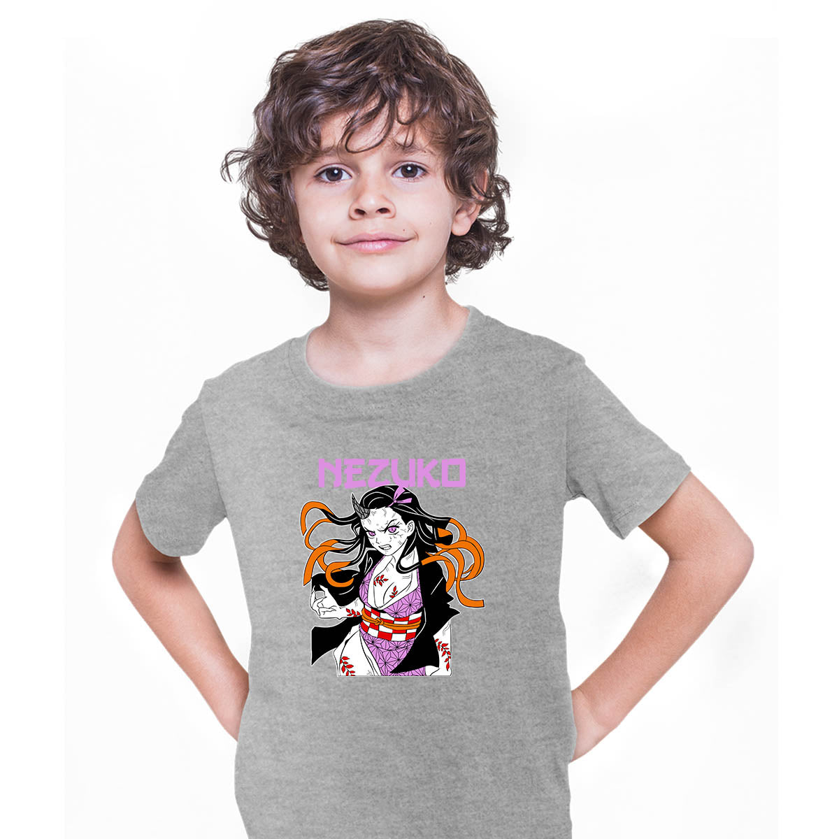Nezuko Kamado Kimetsu No Yaiba Demon Slayer Gift Anime Manga Grey T-shirt for Kids