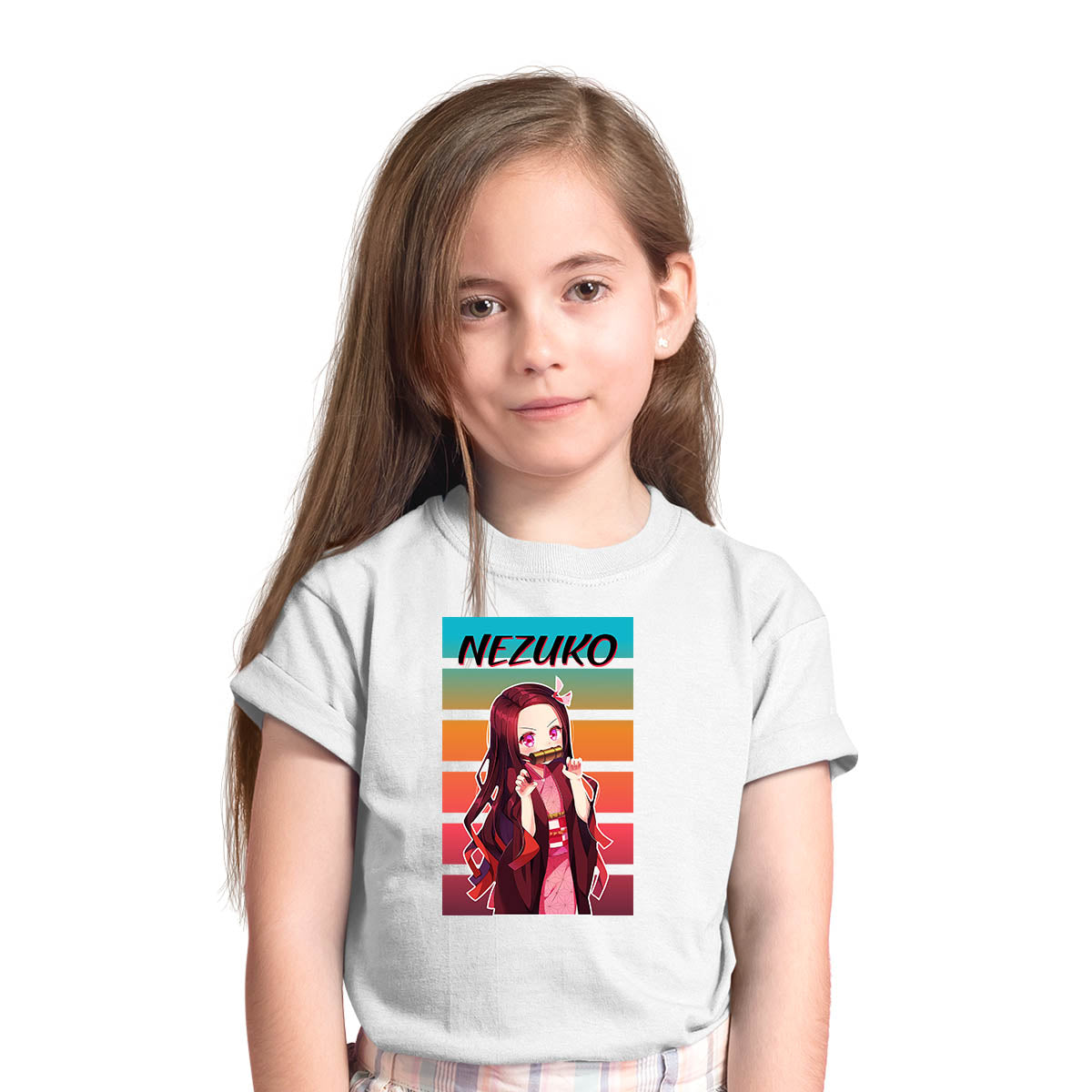 Nezuko Kimetsu No Yaiba Demon Slayer Vintage Anime White T-shirt for Kids