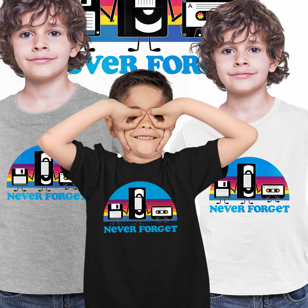 Vintage Never Forget Shirt Funny Retro Floppy Disk VHS Tee T-shirt for Kids