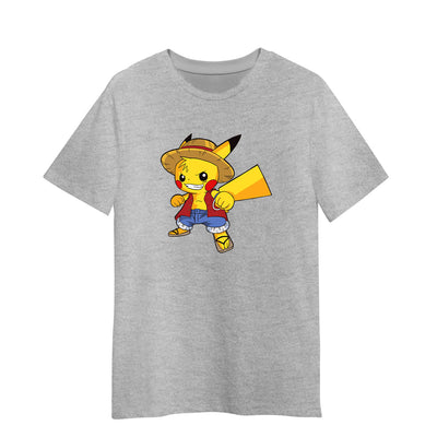 Pikachu Luffy One Piece Pikachu Pokemon Cute Cartoon Adult Grey Unisex T-shirt