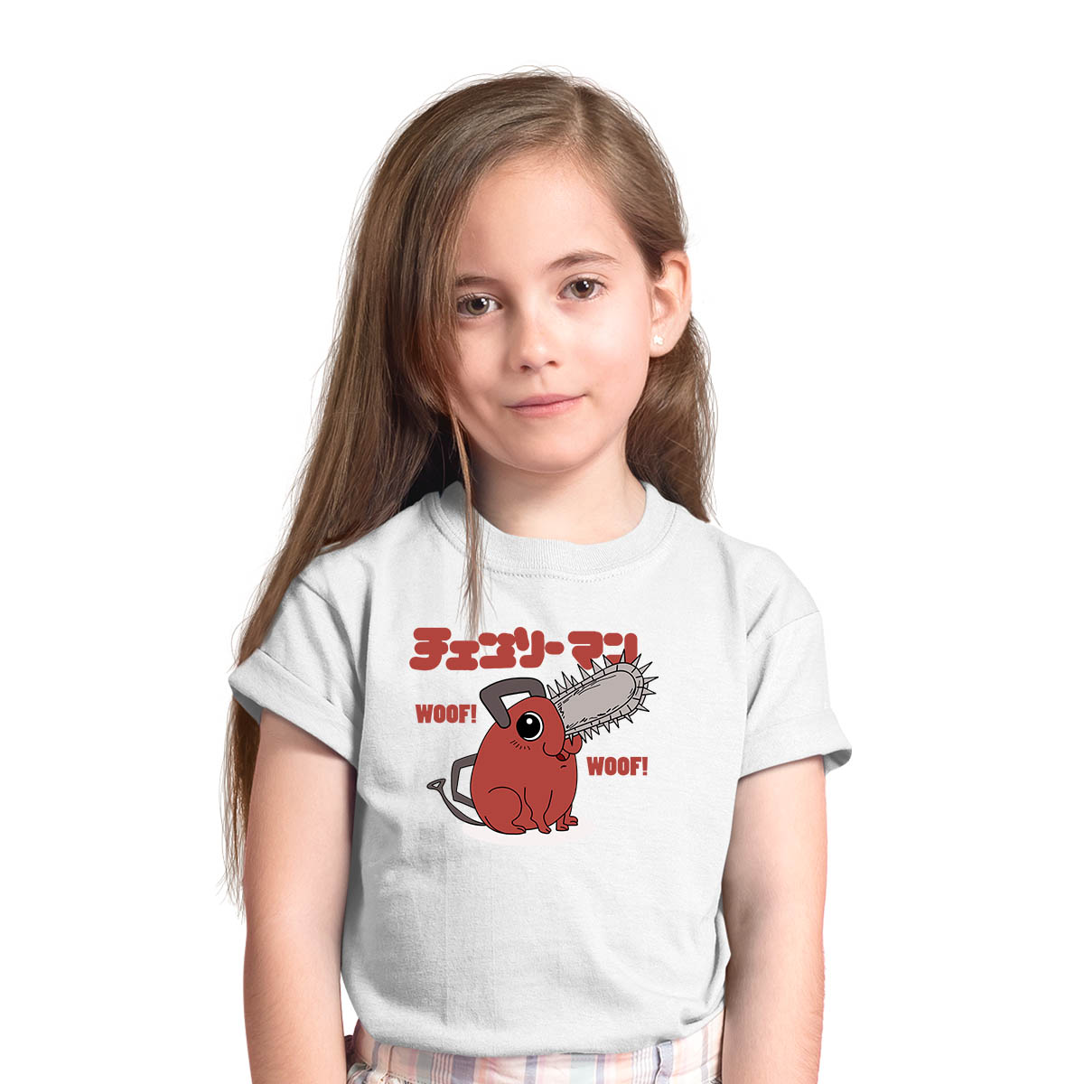 Cute Pochita Woof Woof Chainsaw Man Anime Manga white T-shirt for Kids