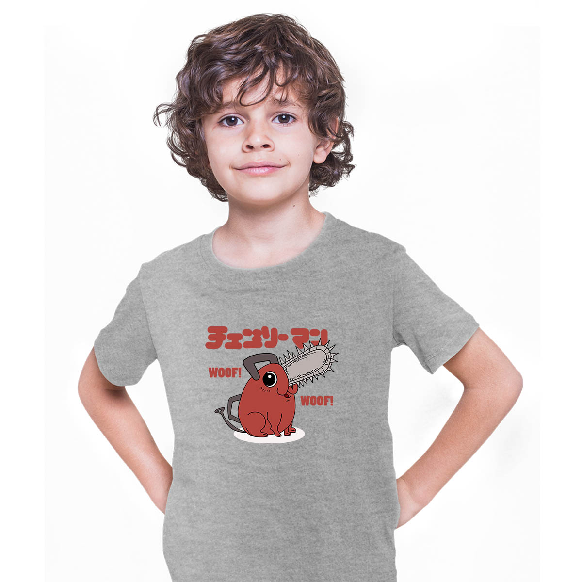 Cute Pochita Woof Woof Chainsaw Man Anime Manga Grey T-shirt for Kids