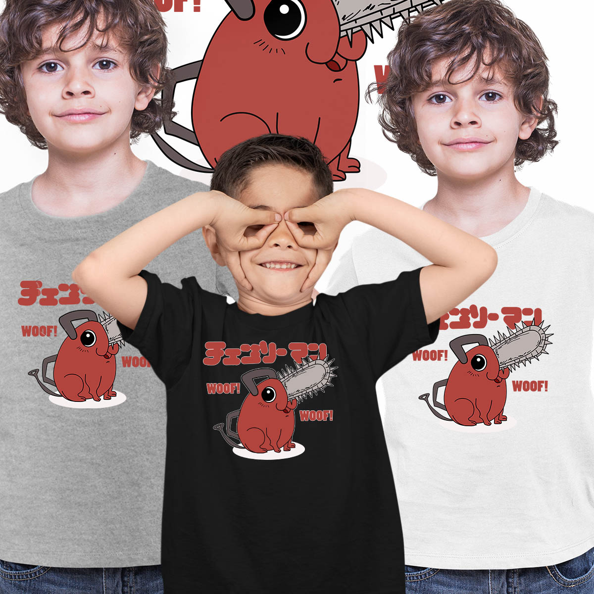 Cute Pochita Woof Woof Chainsaw Man Anime Manga T-shirt for Kids