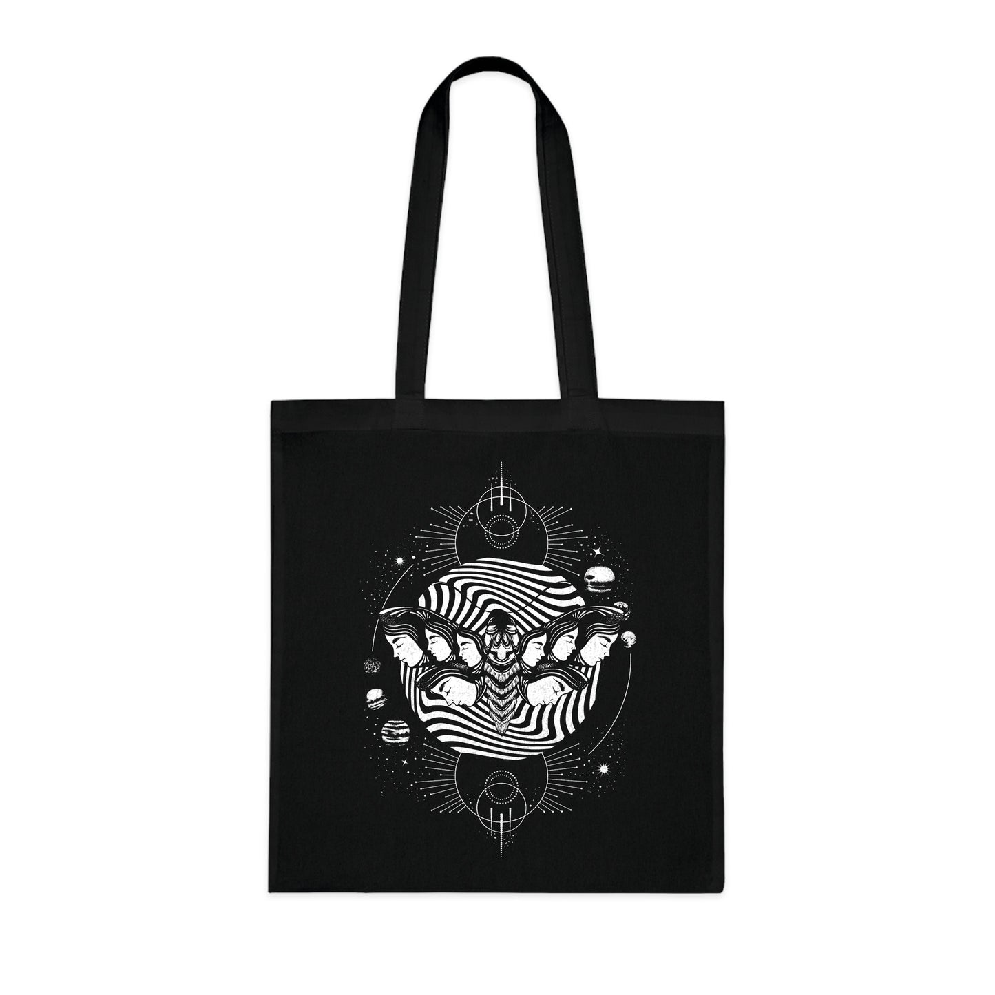 Surreal Moth Faces and Planets Tote Bag