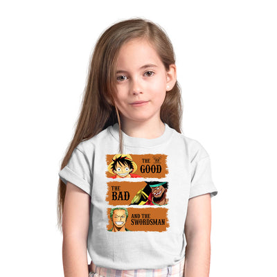 The Good The Bad And The Swordsman Roronoa Zoro Luffy Marshall D. Teach One Piece Manga Anime White T-shirt for Kids