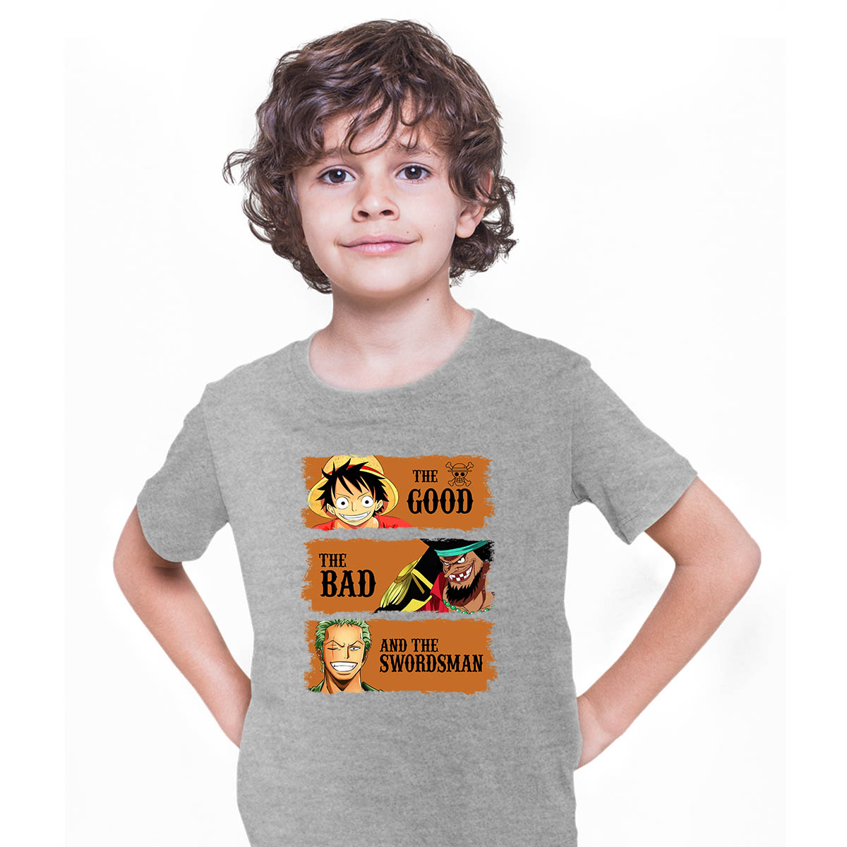 The Good The Bad And The Swordsman Roronoa Zoro Luffy Marshall D. Teach One Piece Manga Anime Grey T-shirt for Kids
