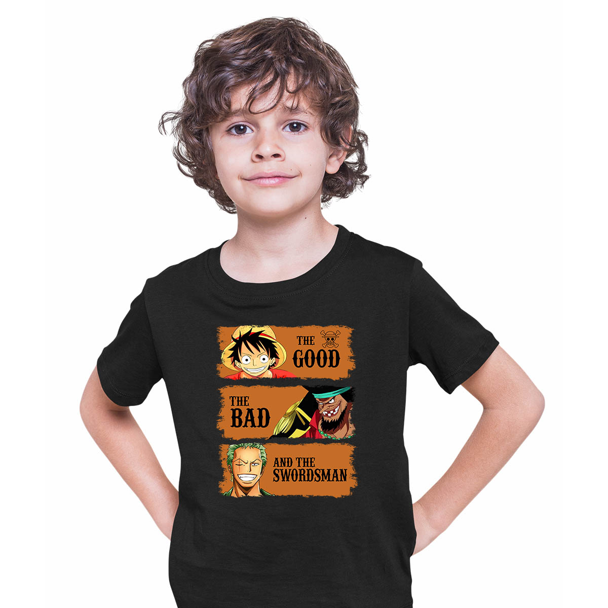 The Good The Bad And The Swordsman Roronoa Zoro Luffy Marshall D. Teach One Piece Manga Anime Black T-shirt for Kids