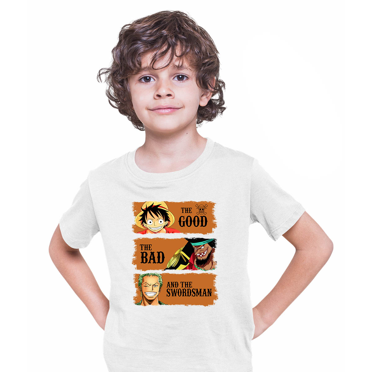 The Good The Bad And The Swordsman Roronoa Zoro Luffy Marshall D. Teach One Piece Manga Anime White T-shirt for Kids