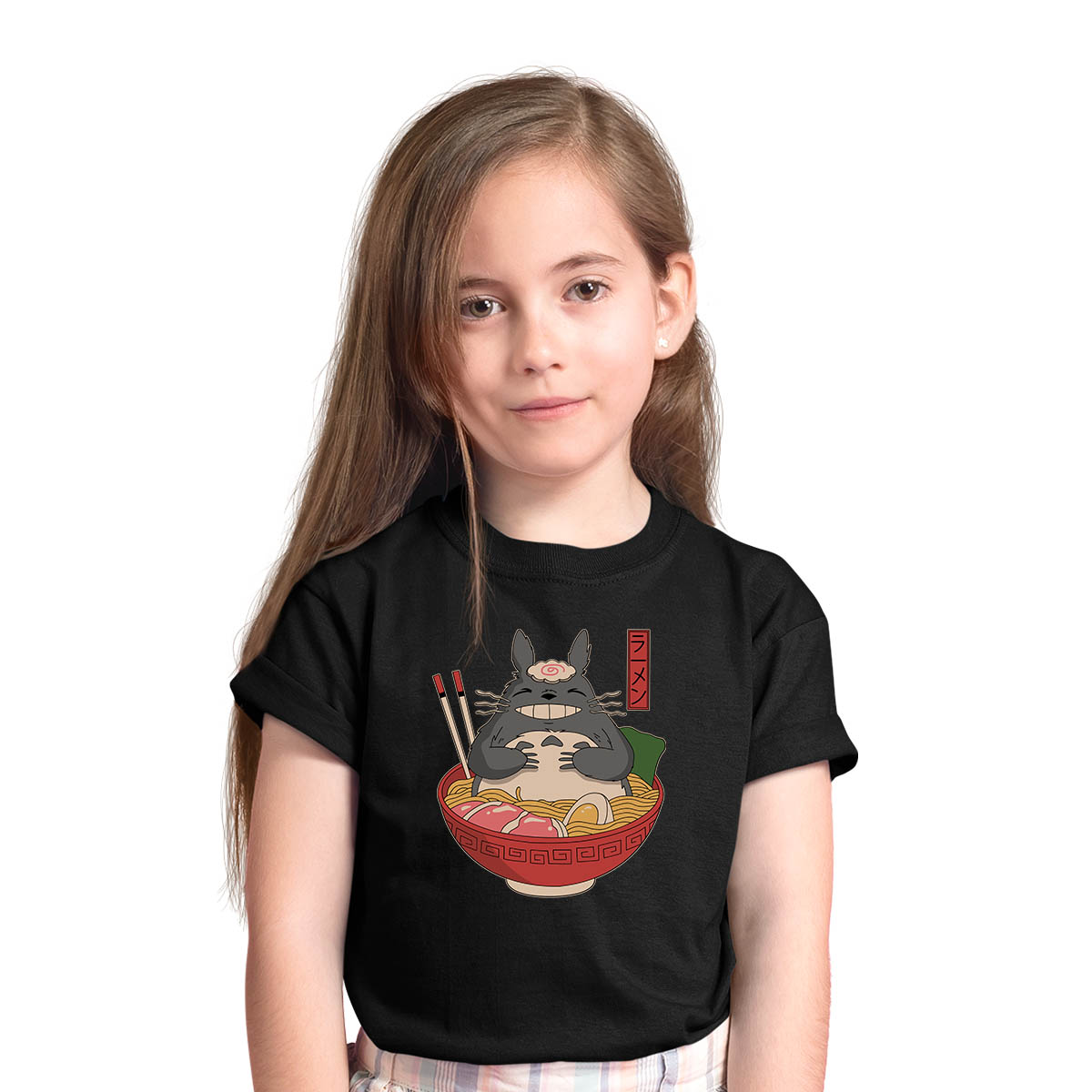 Totoro In The Ramen Bowl Cartoon My Neighbor Totoro Anime Manga Black T-shirt for Kids