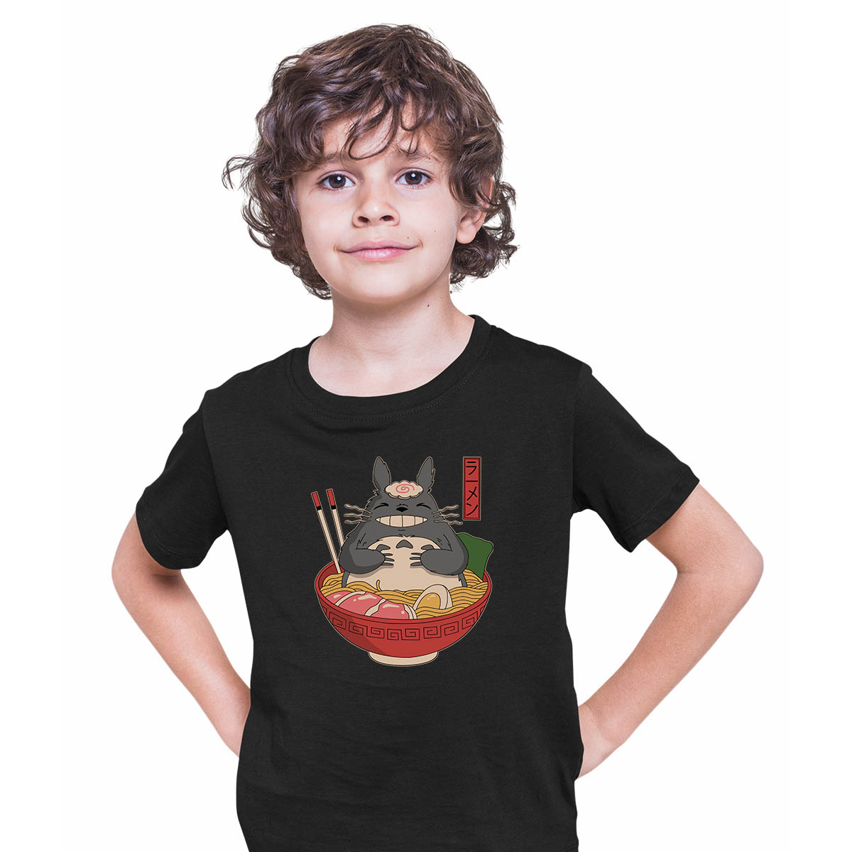 Totoro In The Ramen Bowl Cartoon My Neighbor Totoro Anime Manga Black T-shirt for Kids
