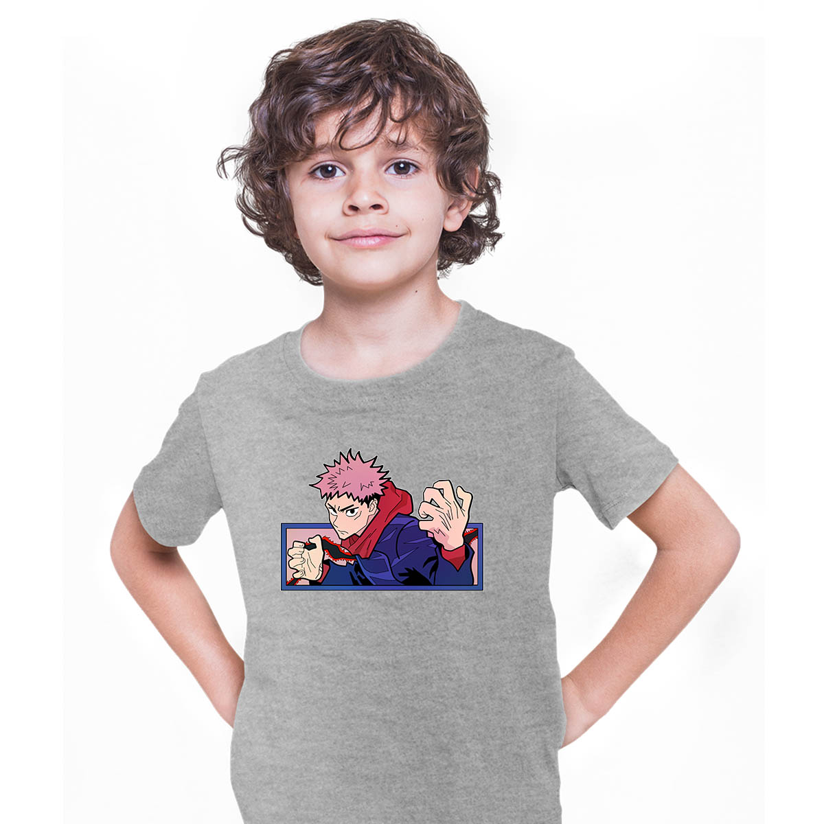 Yuji Itadori Jujutsu Kaisen Japanese Anime Manga Grey T-shirt for Kids