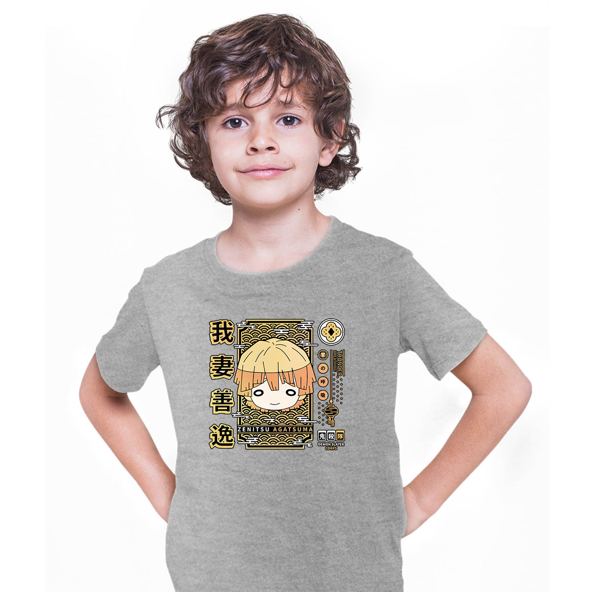 Zenitsu Agatsuma Demon Slayer Corps Anime Manga Grey T-shirt for Kids