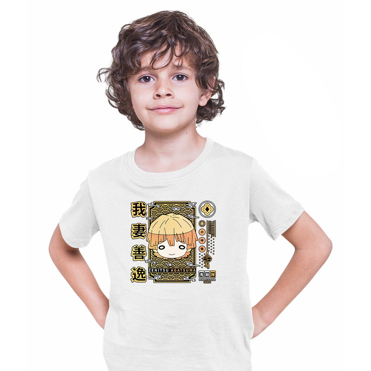 Zenitsu Agatsuma Demon Slayer Corps Anime Manga White T-shirt for Kids