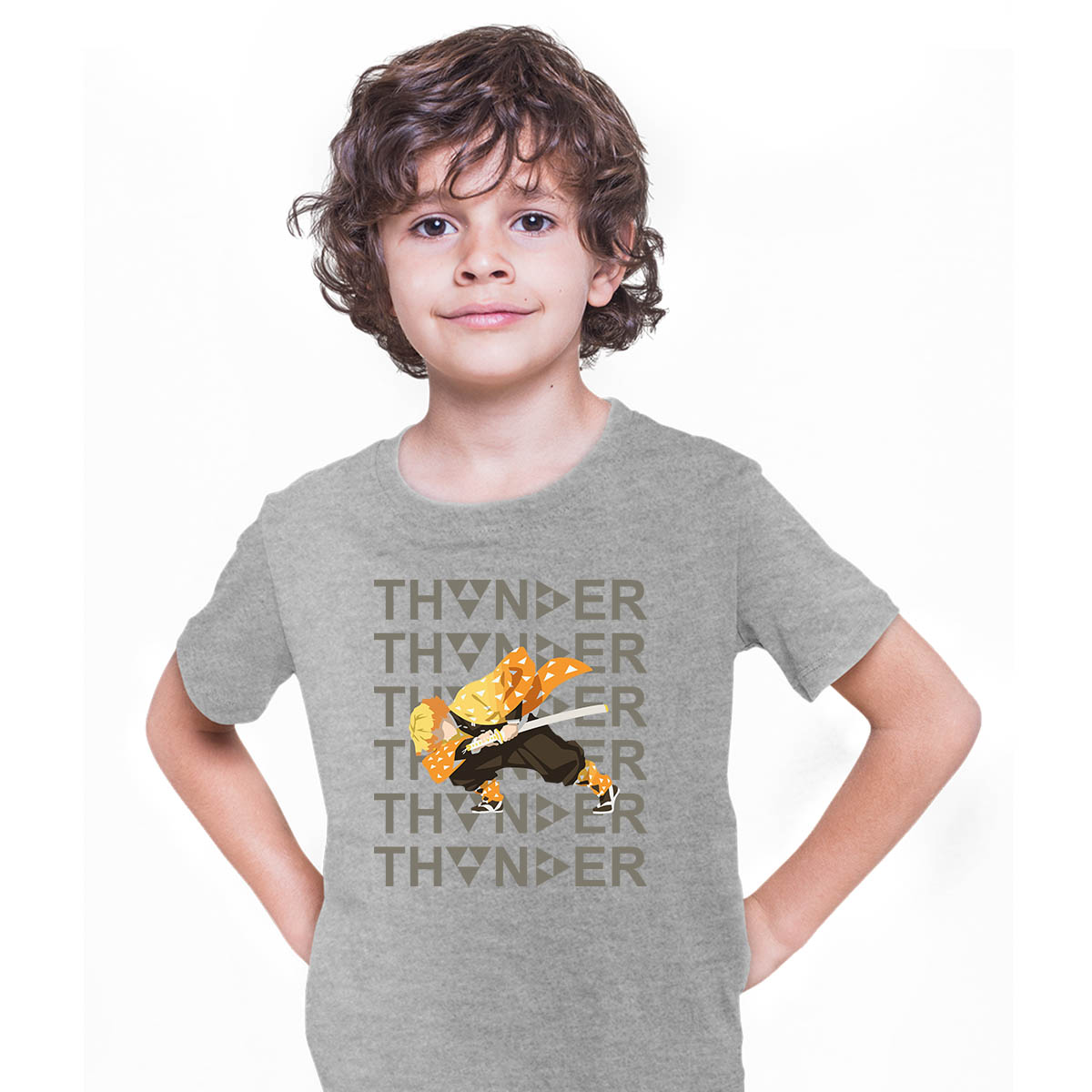Zenitsu Agatsuma Thunder Demon Slayer Kimetsu No Yaiba Anime Manga Grey T-shirt for Kids