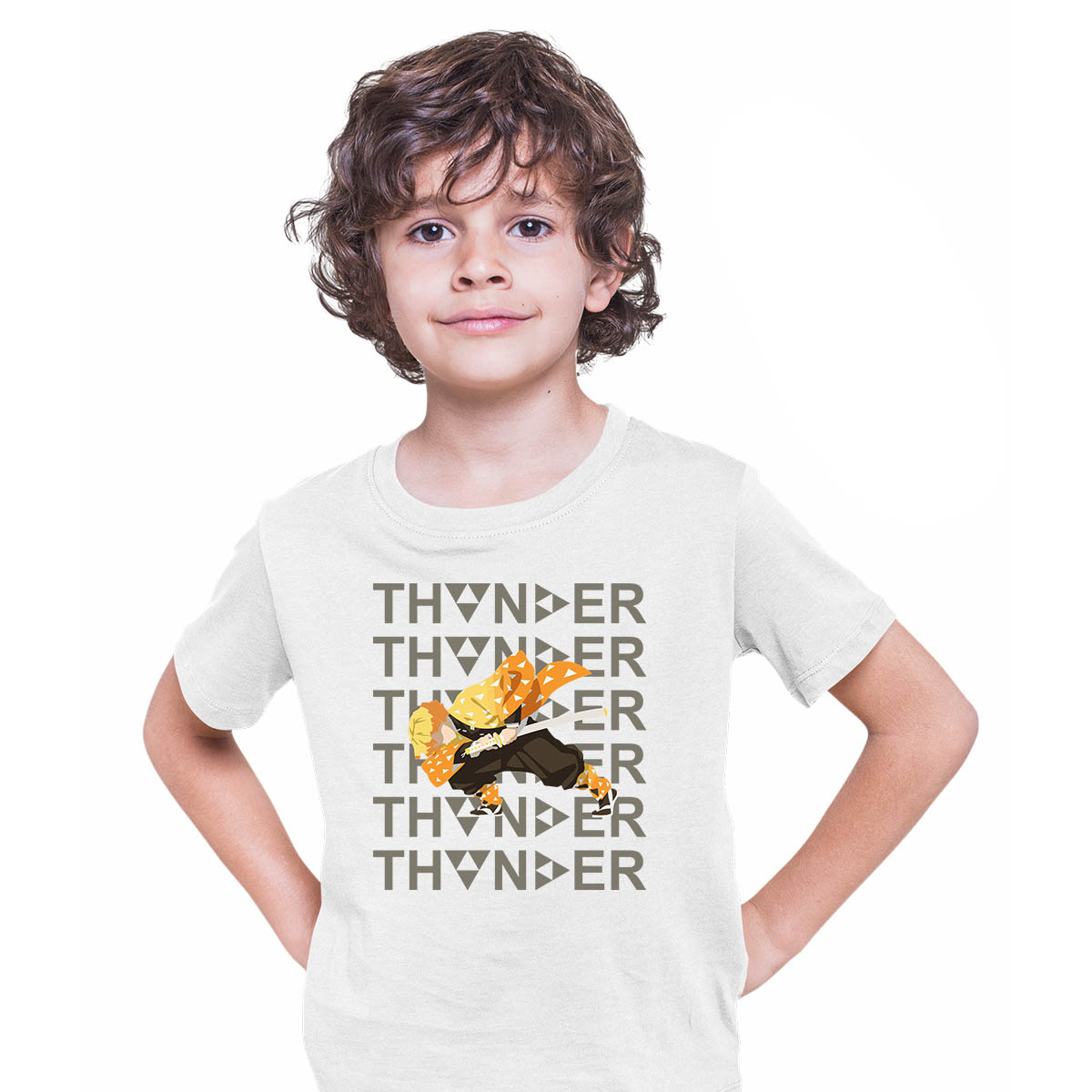 Zenitsu Agatsuma Thunder Demon Slayer Kimetsu No Yaiba Anime Manga White T-shirt for Kids