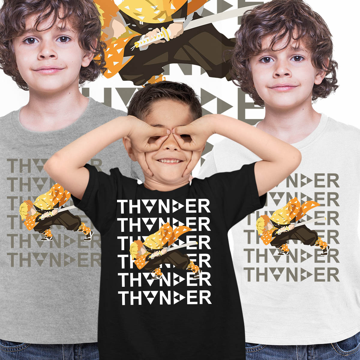 Zenitsu Agatsuma Thunder Demon Slayer Kimetsu No Yaiba Anime Manga T-shirt for Kids