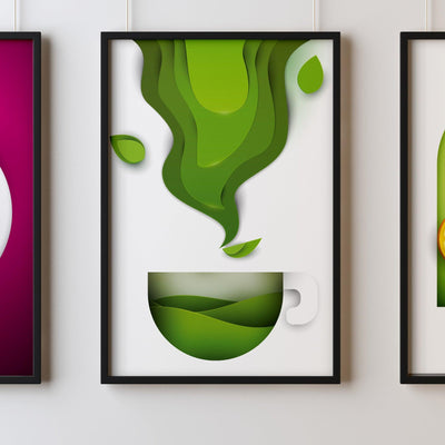 Green Tea One Kitchen Wall Art Prints Dining Room Home Décor Poster Minimalistic Paper Cut Art - Kuzi Tees