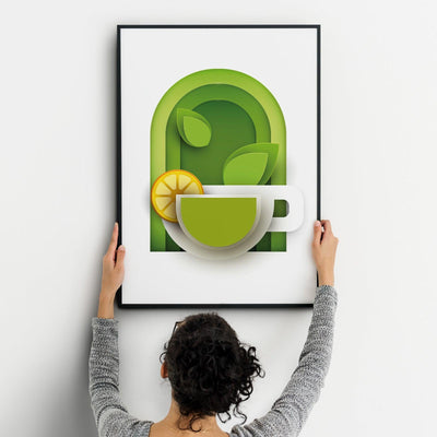 Green Tea Two Kitchen Wall Art Prints Dining Room Home Décor Poster Minimalistic Paper Cut Art - Kuzi Tees