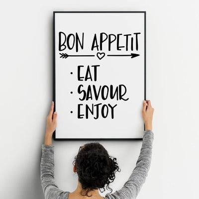 Bon Appetit Eat Savour Enjoy A4 A3+A2 Posters Wall Art Home - Kuzi Tees
