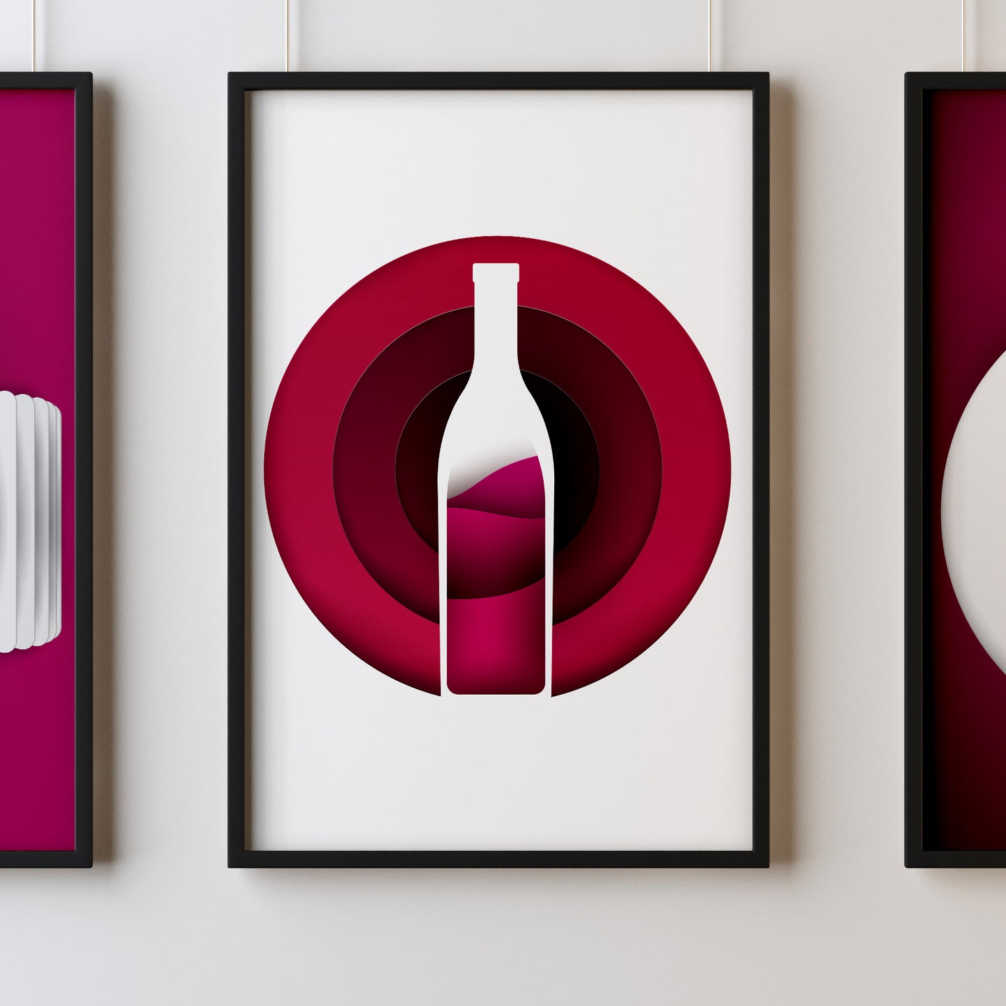 Wine Three Kitchen Wall Art Prints Dining Room Home Décor Poster Minimalistic Paper Cut Art - Kuzi Tees