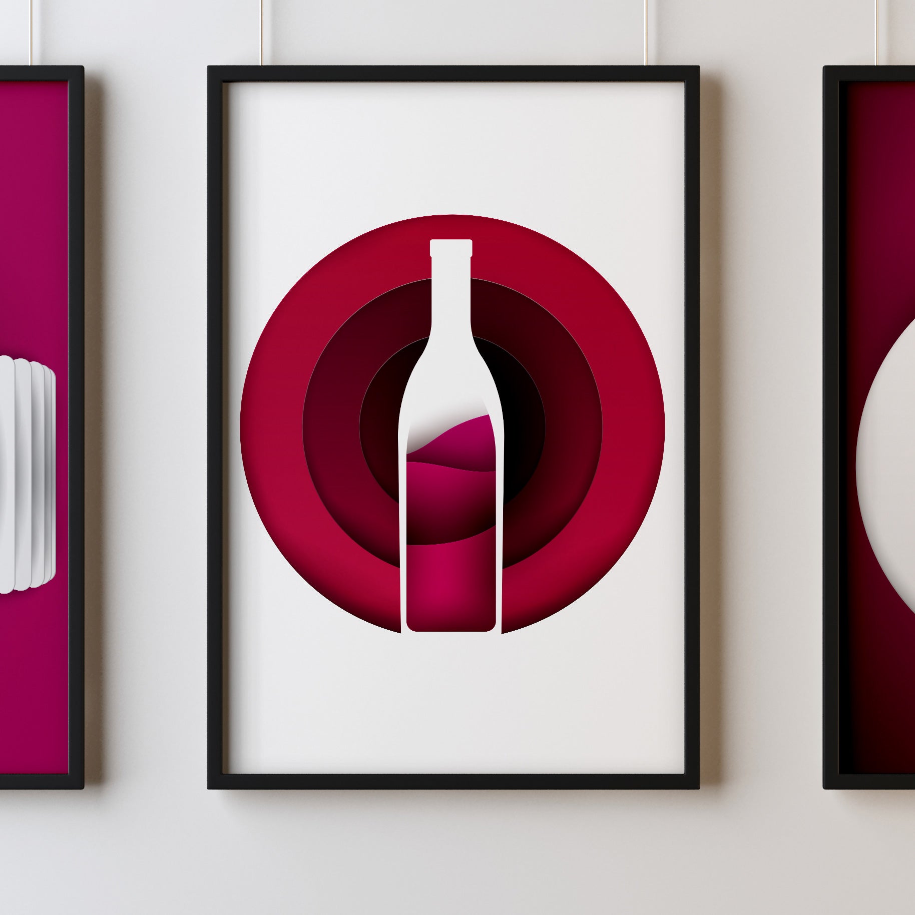Wine Three Kitchen Wall Art Prints Dining Room Home Décor Poster Minimalistic Paper Cut Art - Kuzi Tees