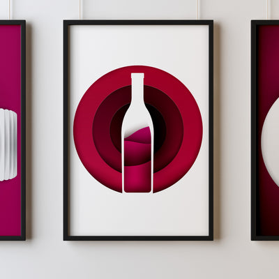 Wine Three Kitchen Wall Art Prints Dining Room Home Décor Poster Minimalistic Paper Cut Art - Kuzi Tees