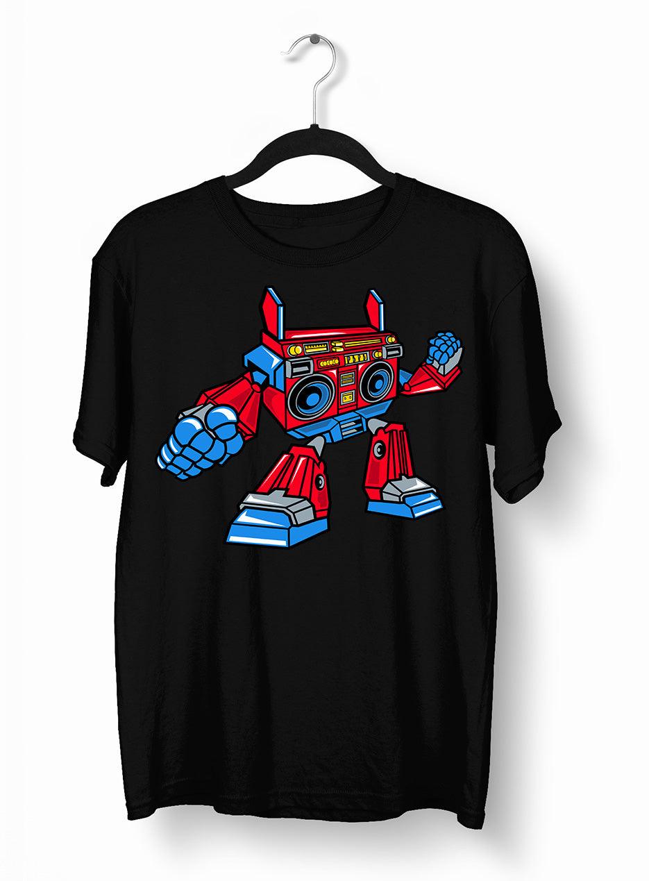 BoomBox Retro Vintage Robot Cassette Player Music Nostalgia White Black & Grey T-shirt - Kuzi Tees
