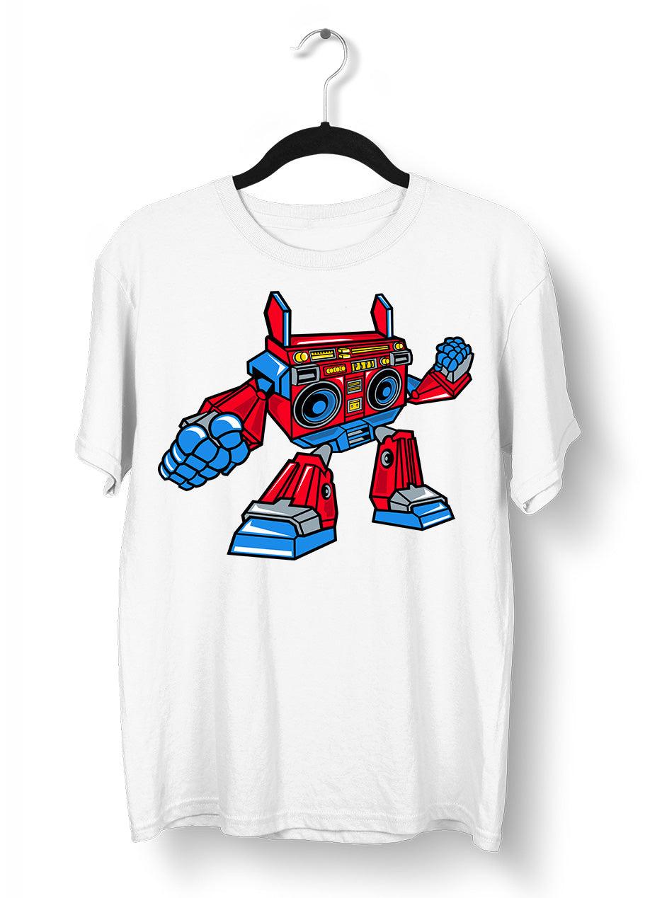 BoomBox Retro Vintage Robot Cassette Player Music Nostalgia White Black & Grey T-shirt - Kuzi Tees