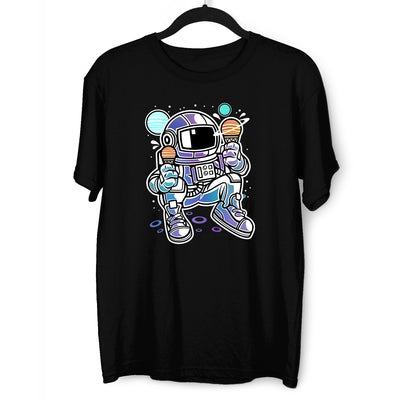 Retro Astronaut with Ice Cream Planets Unisex Nostalgia White Black & Grey T-shirt - Kuzi Tees